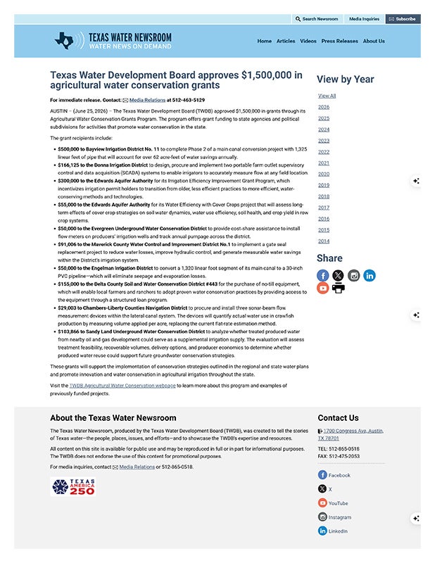 Texas Water Development Board approves $1,500,000 in agricultural water conservation grant