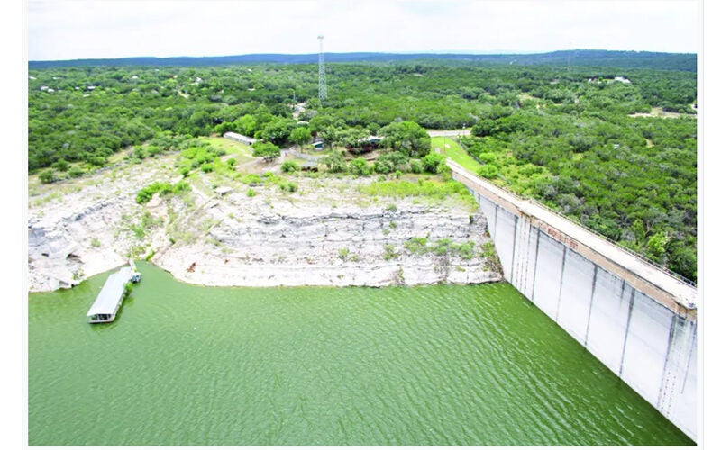 An aerial view shows the dam at Medina Lake