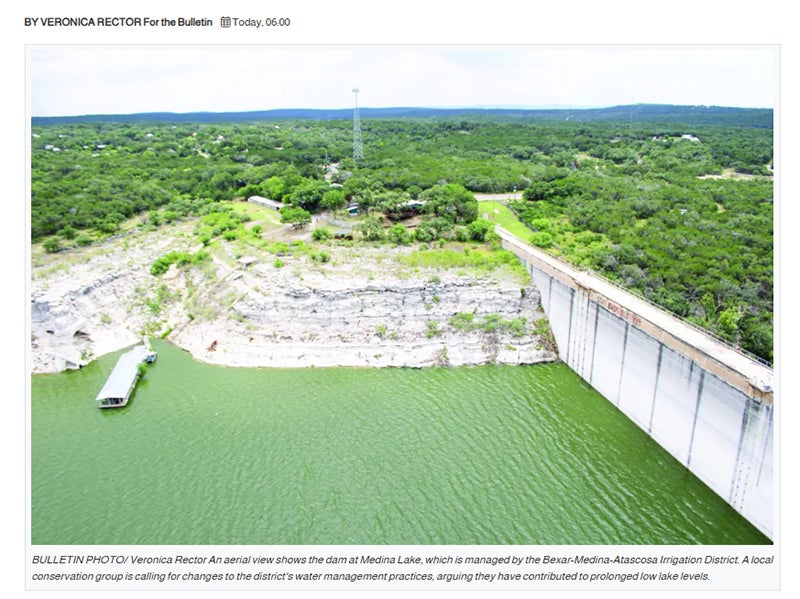 An aerial view shows the dam at Medina Lake