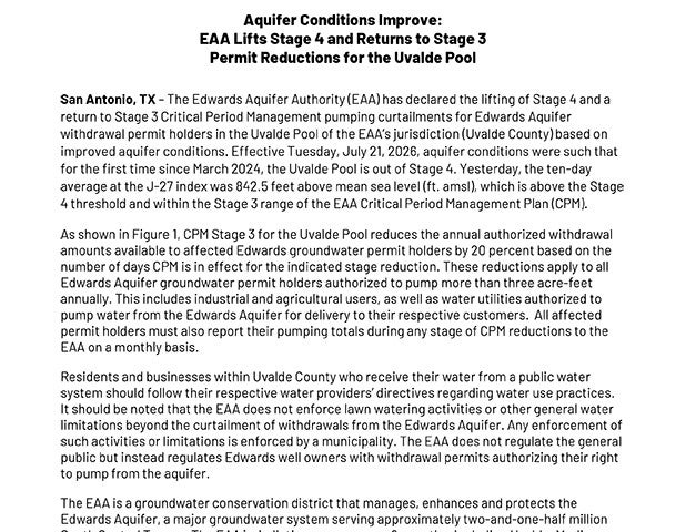 Aquifer Conditions Improve: EAA Lifts Stage 4 and Returns to Stage 3 Permit Reductions for the Uvalde Pool