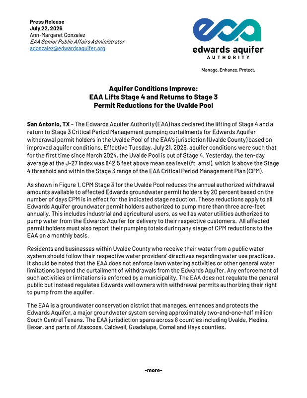 Aquifer Conditions Improve: EAA Lifts Stage 4 and Returns to Stage 3 Permit Reductions for the Uvalde Pool