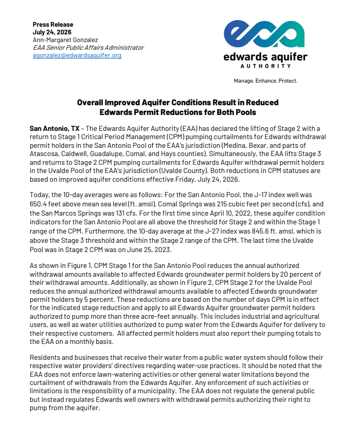Overall Improved Aquifer Conditions Result in Reduced Edwards Permit Reductions_San Antonio and Uvalde Pools