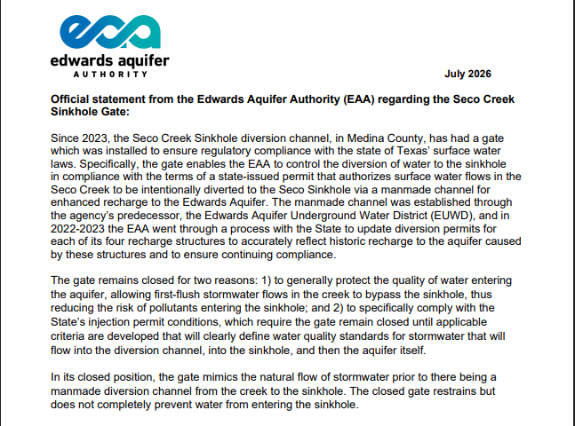 Official statement from the Edwards Aquifer Authority (EAA) regarding the Seco Creek Sinkhole Gate: