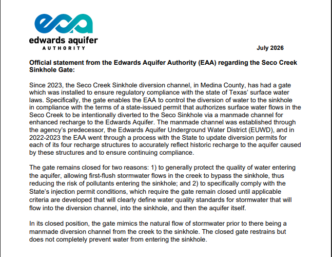 Official statement from the Edwards Aquifer Authority (EAA) regarding the Seco Creek Sinkhole Gate: