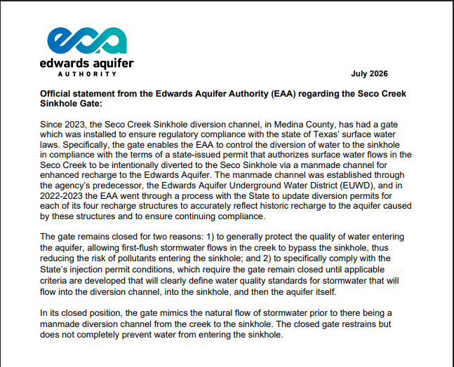 Official statement from the Edwards Aquifer Authority (EAA) regarding the Seco Creek Sinkhole Gate: