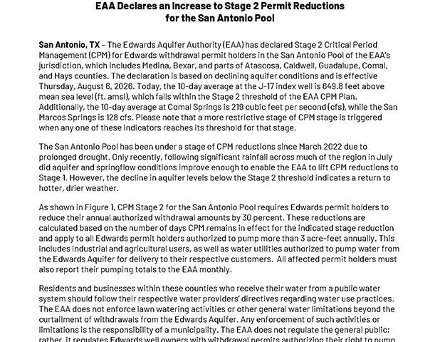 EAA Declares an Increase to Stage 2 Permit Reductions for the San Antonio Pool