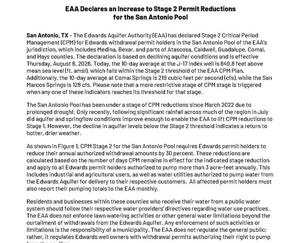 EAA Declares an Increase to Stage 2 Permit Reductions for the San Antonio Pool