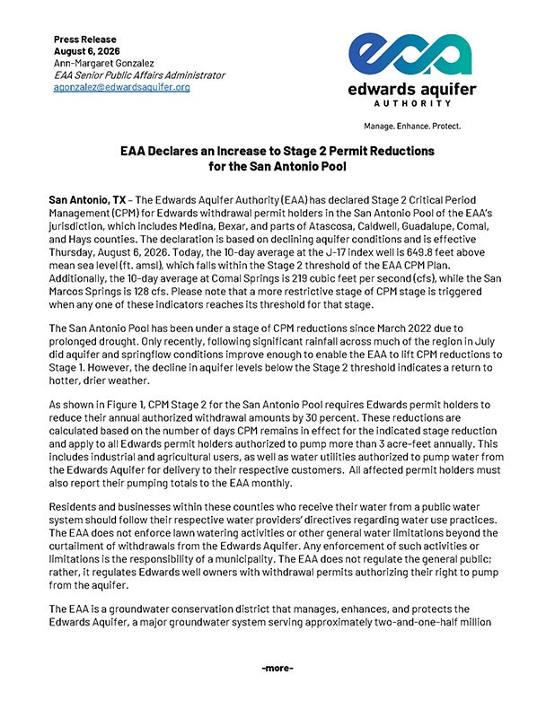 EAA Declares an Increase to Stage 2 Permit Reductions for the San Antonio Pool