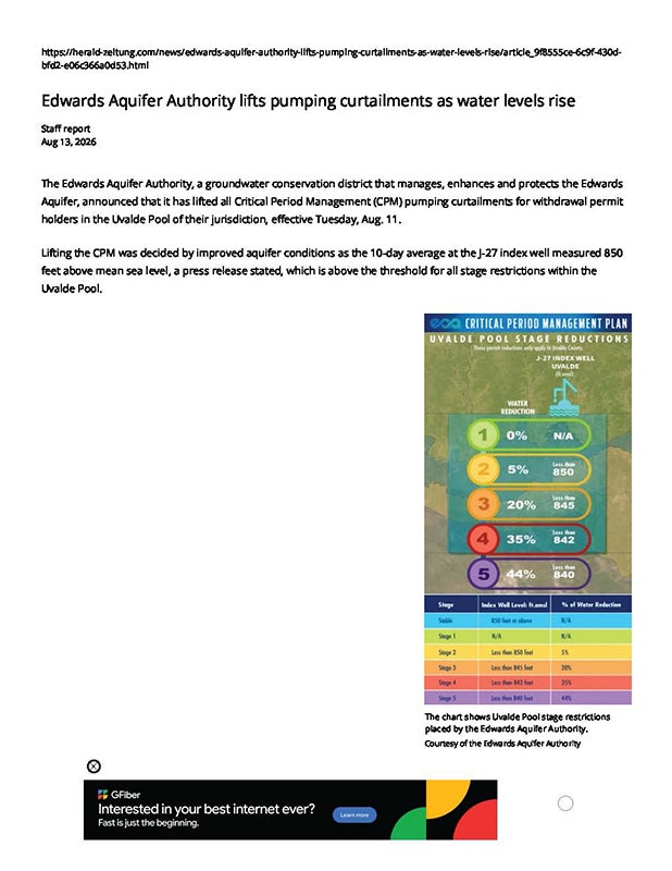 Edwards Aquifer Authority lifts pumping curtailments as water levels rise