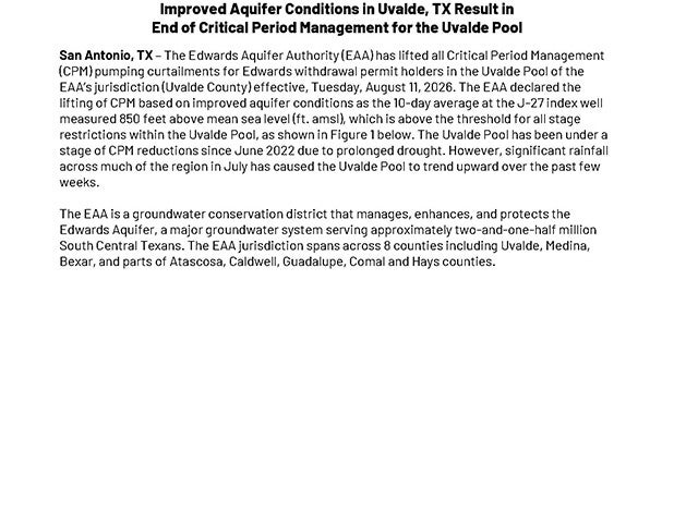 Improved Aquifer Conditions in Uvalde, TX Result in End of Critical Period Management for the Uvalde Pool