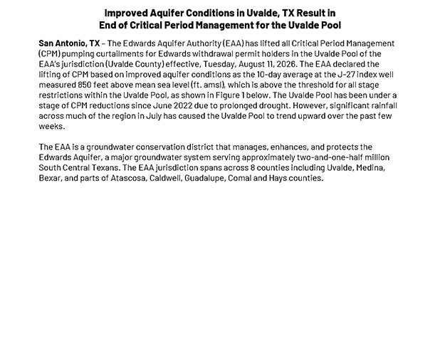 Improved Aquifer Conditions in Uvalde, TX Result in End of Critical Period Management for the Uvalde Pool