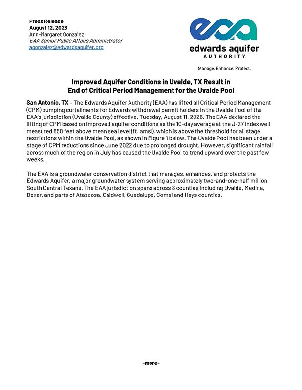 Improved Aquifer Conditions in Uvalde, TX Result in End of Critical Period Management for the Uvalde Pool