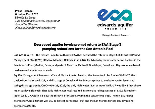 Decreased aquifer levels prompt return to EAA Stage 3