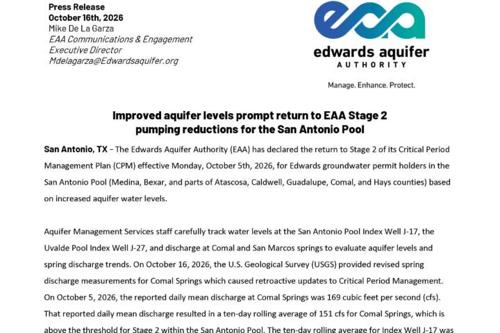 Improved aquifer levels prompt return to EAA Stage 2 pumping reductions for the San Antonio Pool