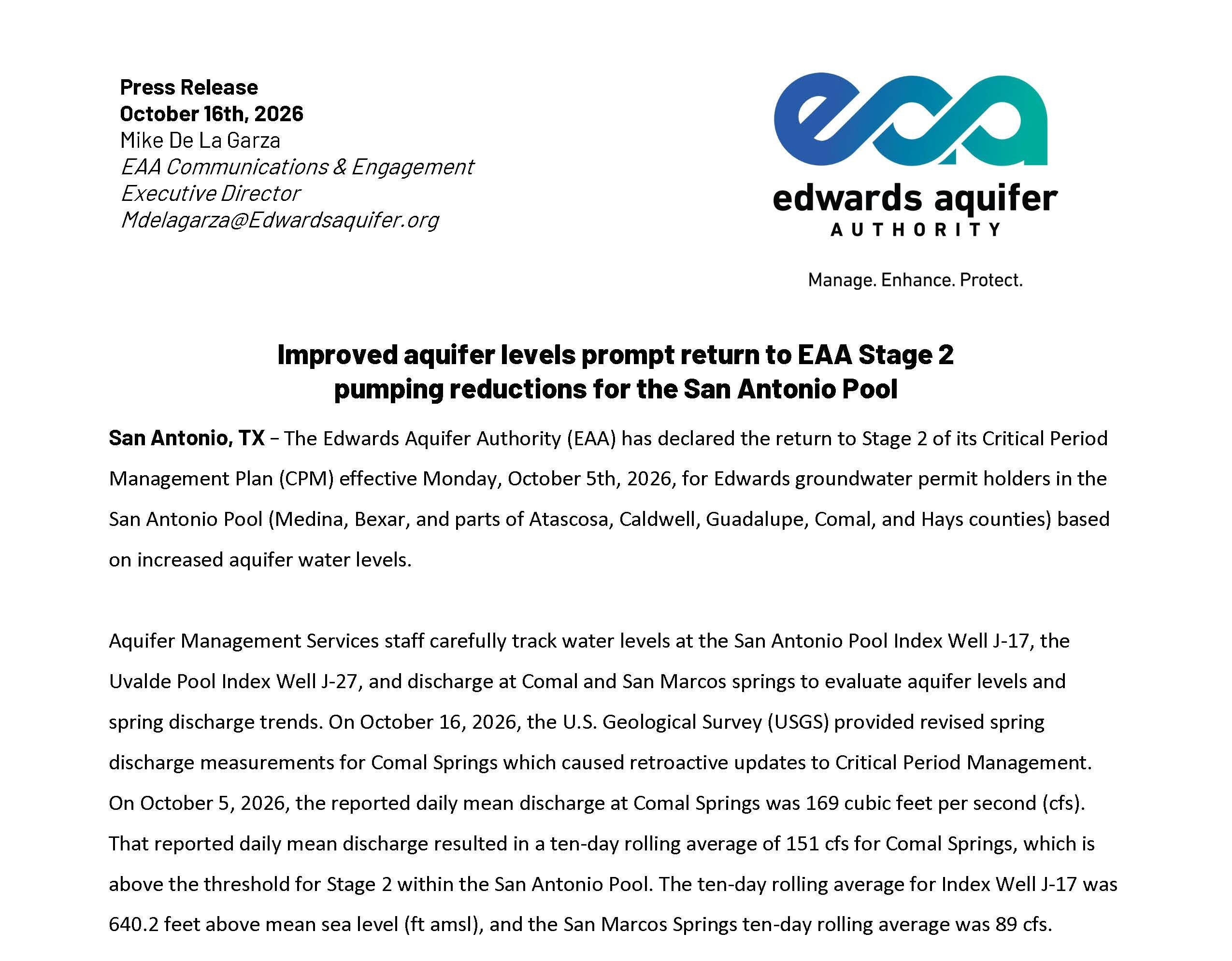 Improved aquifer levels prompt return to EAA Stage 2 pumping reductions for the San Antonio Pool